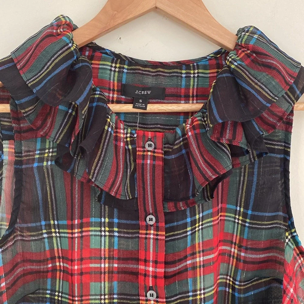 J Crew Ruffle Collar sleeveless button up sheer Stewart Plaid blouse Sz S NWT